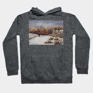 painting of snow snow covered trees and cottages winter snow scene Hoodie